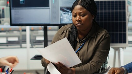 Solar panels plant shareholders chat about company growth and market expansion, analyzing...