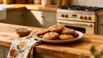 Weihnachtspl&auml;tzchen stehen auf einem Teller in einer modernen K&uuml;che