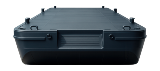 Flat-bottom barge featuring recessed ramps and secure tie-down points.