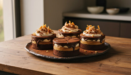 Gourmet Chocolate Cakes with Caramel Drizzle on Rustic Wooden Table