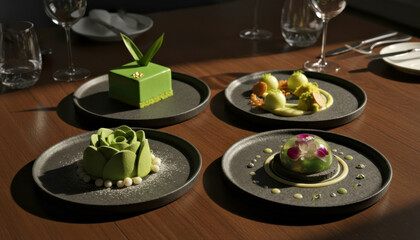 Elegant Green Dessert Assortment: Modern Plating in Fine Dining Ambiance