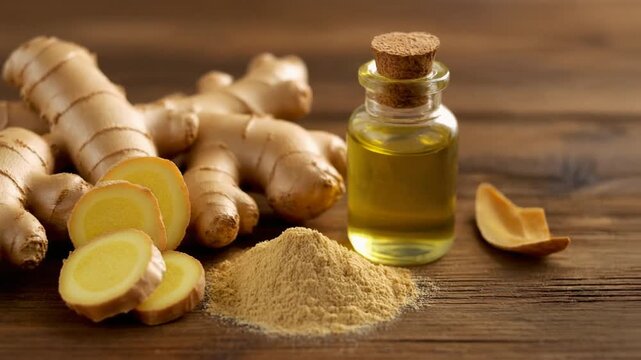 A warm, natural light image showcasing fresh ginger roots, sliced ginger, a heap of powdered ginger, and a glass bottle of ginger extract, symbolizing the versatility and health benefits of this power