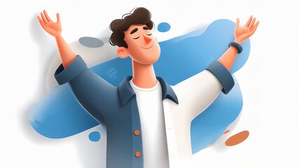 A cheerful animated character with arms raised in excitement against a colorful abstract background. - Powered by Adobe