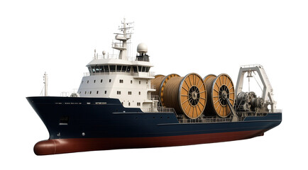 Cable-laying vessel equipped with large spools and winch systems.