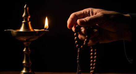 Serene spiritual moment hand holding prayer beads with flickering lamp light, perfect for faith, meditation, and mindfulness themes