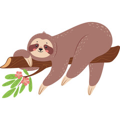 Naklejka premium Brown Sloth Hanging From A Tree Branch With Pink Flowers And Green Leaves Against A Transparent Background