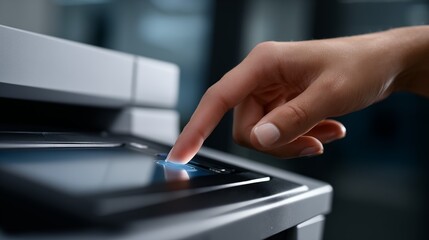 Finger pressing start button on touchscreen office printer control panel close up
