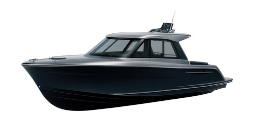 Compact yacht featuring a panoramic glass cabin and raised helm.