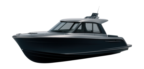 Compact yacht featuring a panoramic glass cabin and raised helm.