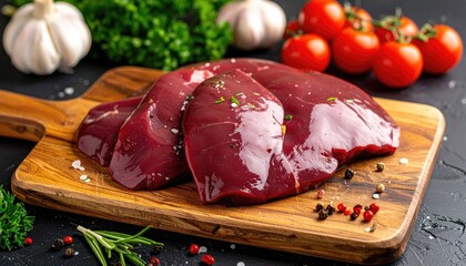 Fresh raw lamb liver on a wooden cutting board, surrounded by fresh ingredients. The composition conveys freshness and culinary preparation