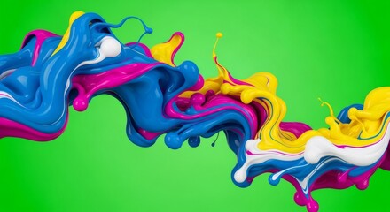 Fototapeta premium Abstract multicolored liquid splash and swirl on bright green chromakey background. Dynamic fluid art effect for video compositing.
