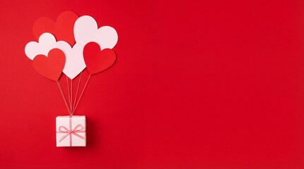 Valentine's day background with red and pink hearts like balloons on pink background, flat lay
