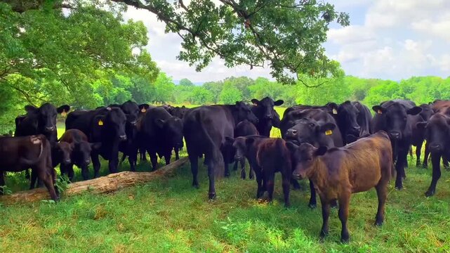 Vacas marrones pastando en el bosque.