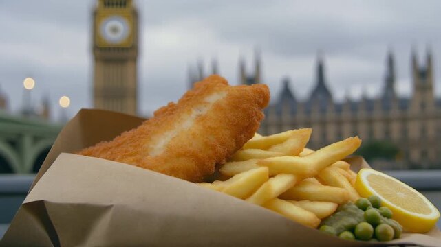 A serving of Fish and Chips wrapped in paper