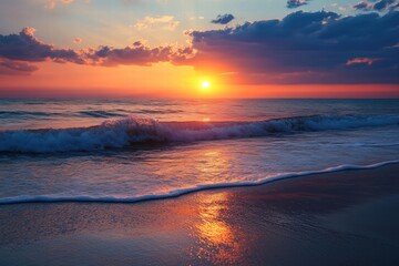 Peaceful ocean sunset with gentle waves on shore