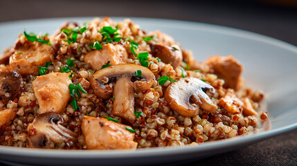 Fototapeta premium A dish of buckwheat with chicken and mushrooms.