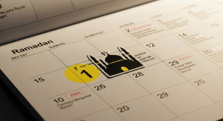 Ramadan calendar reminder with mosque icon for religious holiday planning, perfect for event promotions, faith based marketing, and cultural celebrations
