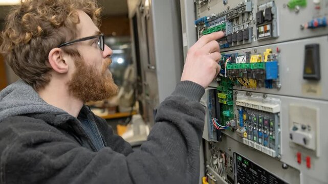 Technician adjusting acoustic panels in a control room to enhance sound insulation and minimize operational noise for a quieter work environment.