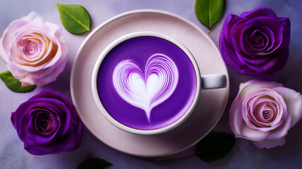 Ube latte art in white cup with heart shape pattern and purple roses in Valentine's Day theme. 
