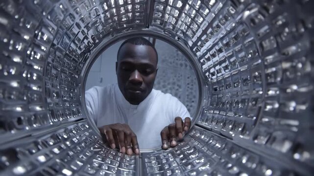 Medium shot of technician visually inspecting a freshly cast metal component for surface defects and uniformity in a manufacturing facility.