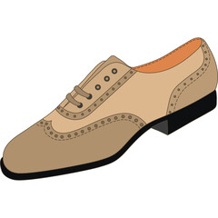 Classic Tan Leather Oxford Brogue Shoe With Perforated Detailing and Black Heel Isolated on White Background