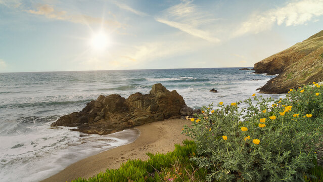 Serene coastal view at sunset with waves crashing on rocky shore. Crete, Greece. - Powered by Adobe