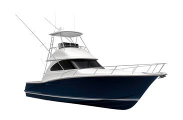 Fishing yacht with flybridge, upper helm, and outriggers for effective trolling.