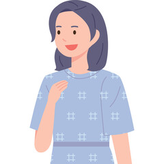 A young woman with short purple hair wears a light blue patterned dress with a white hash symbol print and smiles warmly with her hand on her chest against a transparent background