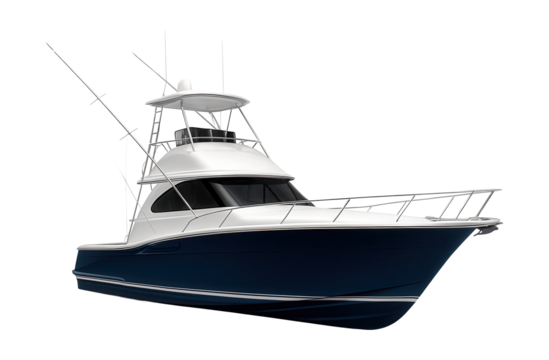 Fishing yacht with flybridge, upper helm, and outriggers for effective trolling.
