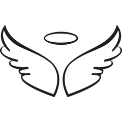 Black Outline Angel Wings with Halo Transparent Background Minimalist Line Art Heavenly Symbol Celestial Icon