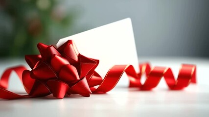 Ribbon bow with card note for Christmas greeting no faces or hands visible gift card holiday note festive message greeting attachment celebration card red ribbon note blank
