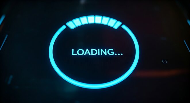 Innovative loading bar concept. A holographic circular progress bar fills with light, with the word "LOADING..." in the center.