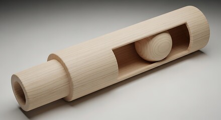 Minimalist wooden construction with sphere nestled within cylindrical form