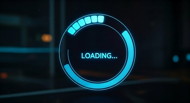 Innovative loading bar concept. A holographic circular progress bar fills with light, with the word "LOADING..." in the center.
