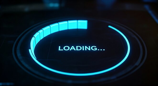 Innovative loading bar concept. A holographic circular progress bar fills with light, with the word "LOADING..." in the center.
