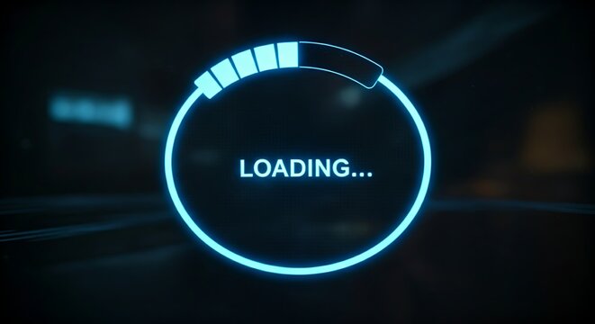 Innovative loading bar concept. A holographic circular progress bar fills with light, with the word "LOADING..." in the center.