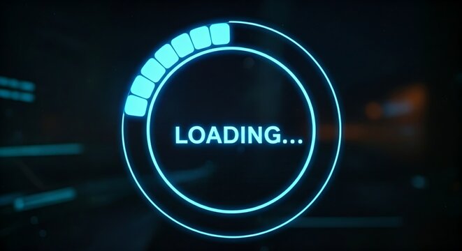 Innovative loading bar concept. A holographic circular progress bar fills with light, with the word "LOADING..." in the center.