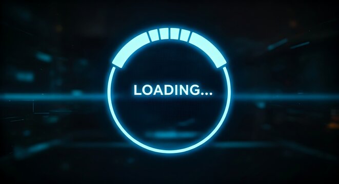 Innovative loading bar concept. A holographic circular progress bar fills with light, with the word "LOADING..." in the center.