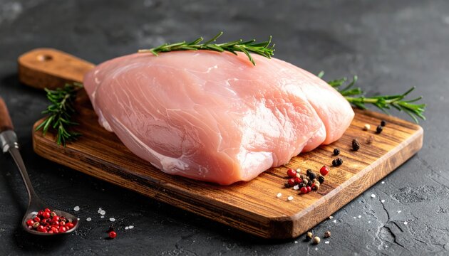 A raw turkey breast sits on a wooden cutting board, garnished with fresh herbs and spices. This image evokes feelings of freshness and culinary delight