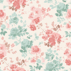 Fototapeta premium Shabby Chic Floral Pattern – Cream Background with Soft Red and White Flowers for Phone Cases, Bags, Merchandise, Prints, and Accessories