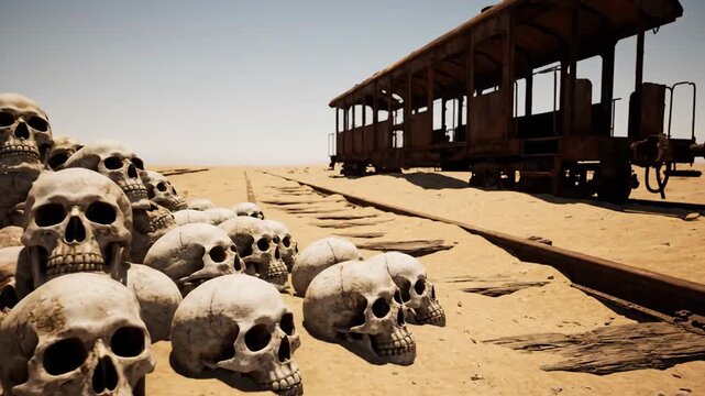 Desert scene with human skulls and an abandoned train wagon under sunlight