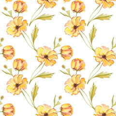 Watercolor seamless botanical pattern with yellow flowers. 