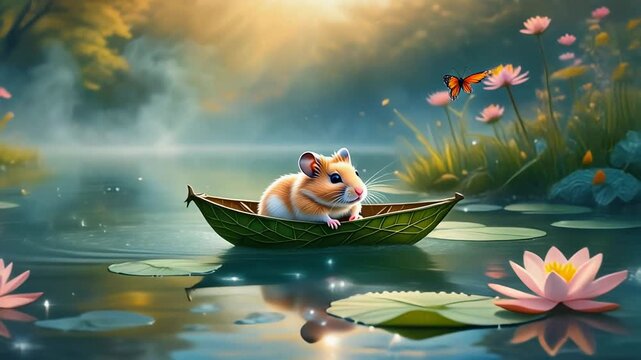 Hamster rowing tiny boat on calm lake at sunrise.