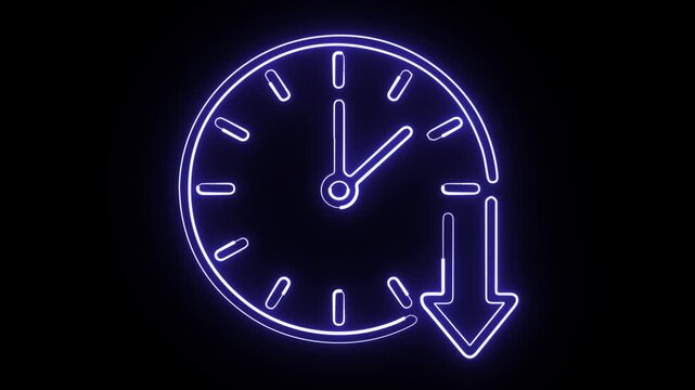 Glowing Neon Time Reduction Icon with Clock and Down Arrow 4k loop Animation.