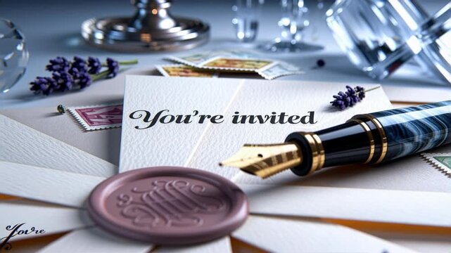 Close-up of an elegant invitation card featuring the text "You're invited," accompanied by a luxurious fountain pen, decorative wax seal, and lavender sprigs. A refined and formal atmosphere.