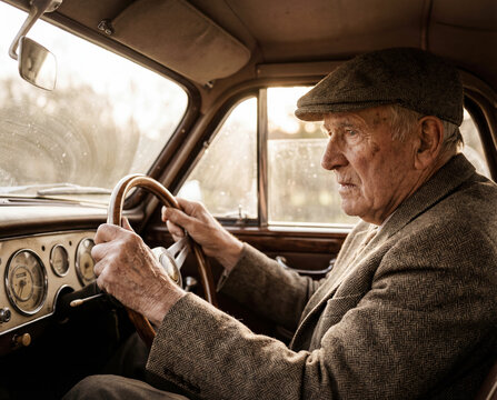 Distinguished Senior Man Driving Vintage Car: Elderly Gentleman in Classic Tweed Cap and Jacket Behind Wooden Steering Wheel - Powered by Adobe