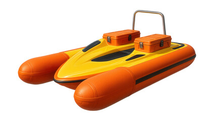 High-visibility pontoon rescue boat with storage for emergency gear.