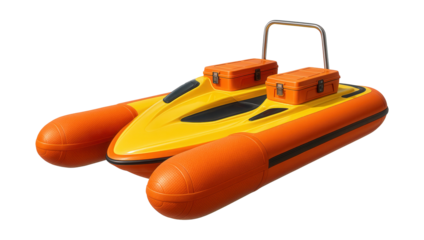 High-visibility pontoon rescue boat with storage for emergency gear.