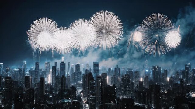 Night city skyline with fireworks exploding, illuminating buildings