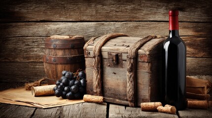 Rustic still life arrangement features a dark glass bottle, vintage wooden chest, and fresh grapes against aged wood.